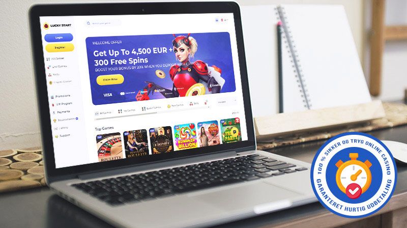 Luckystart Casino hovedside på den bærbare computerskærm