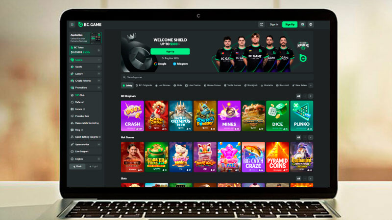 BC.Game Casino hovedside på den bærbare computerskærm