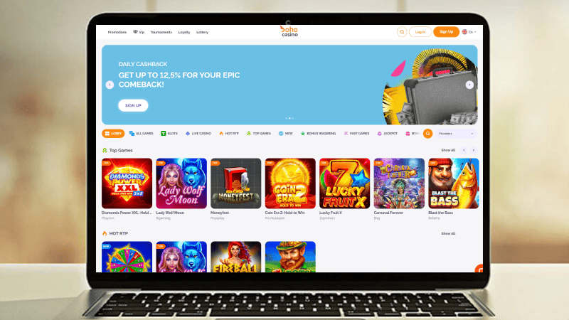 Boho Casino hovedside på den bærbare computerskærm