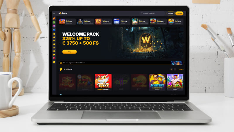 Winhero Casino hovedside på den bærbare computerskærm