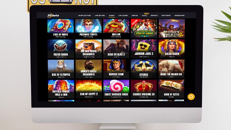 20Bets Casino spil-side på den bærbare computerskærm