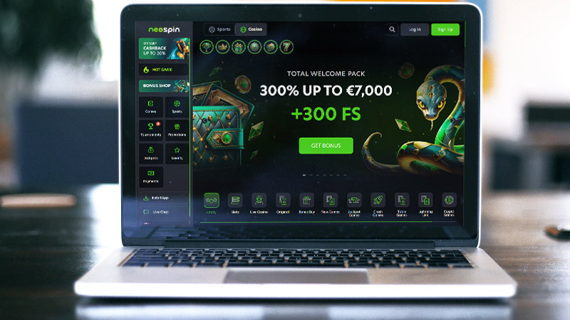NeoSpin casino hovedside på notebook-skærmen