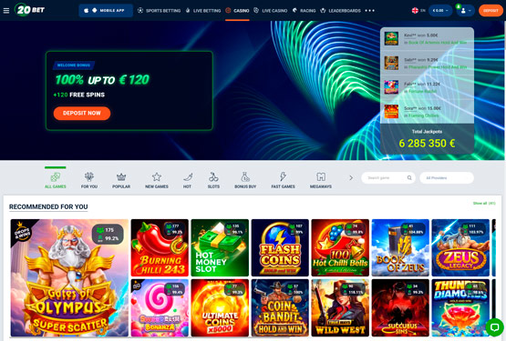 Hovedside på 20bet Casino Site