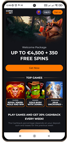 Corgibet Casinos Hovedside på Mobilskærm