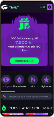 Glitchspin Casinos Hovedside på Mobilskærm