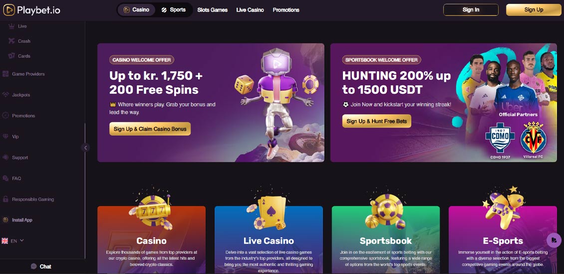 Hovedside på Playlet Casino Site