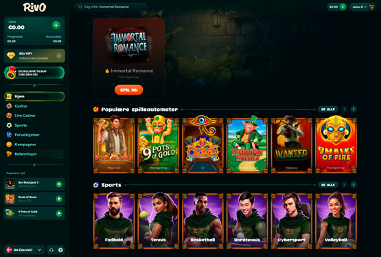 Hovedside på Rivo Casino Site