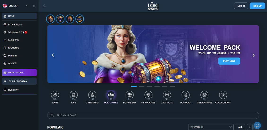 Hovedside på Loki Casino Site