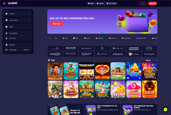 Hovedside på Opabet Casino Site