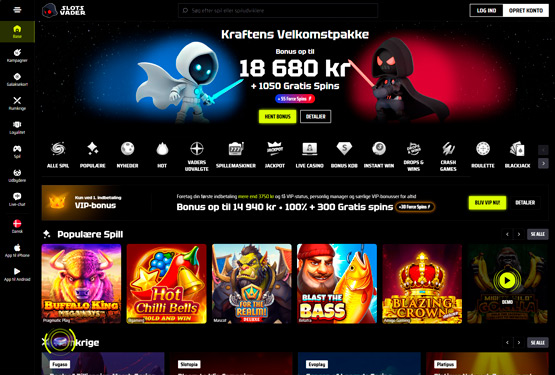 Hovedside på SlotsVader Casino Site