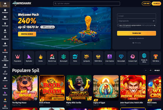 Hovedside på Winshark Casino Site