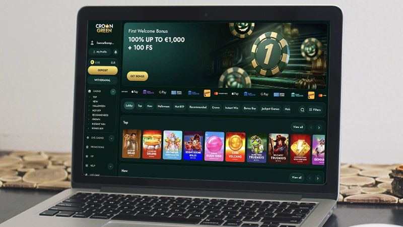 Crowngreen casino hovedside på notebook-skærmen